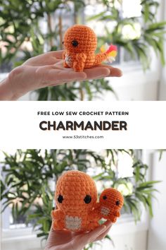 a hand holding an orange crocheted stuffed animal with the words free low sew crochet pattern charmader