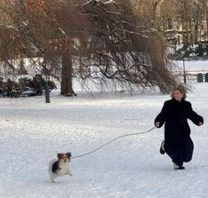 a woman is walking her dog in the snow with it's leashed up