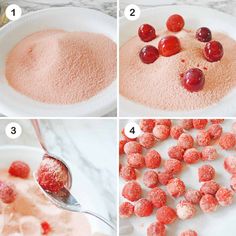 four pictures showing how to make raspberry cheese balls