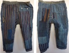 two pictures of blue jeans with patches and stripes on them, one is torn off