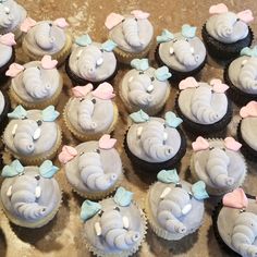 there are many cupcakes that have elephants on them and bows around their heads