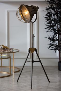 an old fashioned lamp on a tripod in a living room