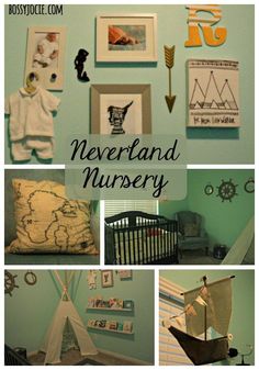 a collage of pictures with the words neverland nursery written on them and an image of a sailboat