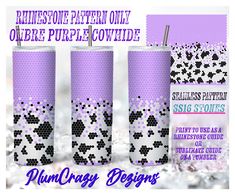 three purple tumbles with black and white designs on them, one has a straw in it