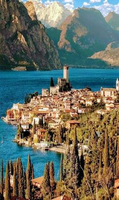 an aerial view of a small town on the water with mountains in the background