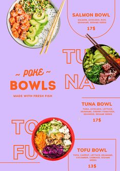 the menu for sushi bowls is shown in orange and purple