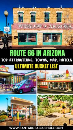 an advertisement for the route 66 in arizona with images of motels, towns, and hotels