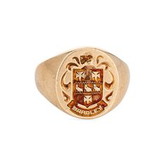 Finely detailed family crest signet ring crafted in 10 karat yellow gold.  The signet ring weighs a hefty 11.1 grams. The signet mount features a Valois style arms, with a French style helmet to the top. The base of the signet mount features the family name "Bradley" (also engraved "William L Bradley"). The low rise ring (2mm - 0.15 inches) sits comfortably on the finger. The ring is in very good condition. We have not cleaned it in order to preserve the patina and collector value.  Particulars: Weight: 11.1 grams Stones:  N/A.  Size & Measurements: The ring is a size 9.5 (sizable). The mount measures 16.5mm in length (0.64 inches) and 15mm wide (0.59 inches) rising 2mm from the finger. Metal & Hallmark: 10 karat yellow gold. The ring is hallmarked "10k" and "Heraldry House". Luxury Engraved Ring With Coat Of Arms For Gift, Masonic Jewelry, Russian Jewelry, Antique Jewelry Rings, Nouveau Jewelry, Jewelry Mens, Art Nouveau Jewelry, Ring Crafts, Rings Bracelets