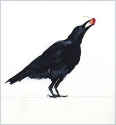 a painting of a black bird with an apple in it's beak on a white background