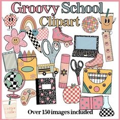 an advertisement for the grooy school clipart book, featuring various items and text