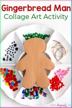 the gingerbread man collage art activity is on a plate with buttons and beads