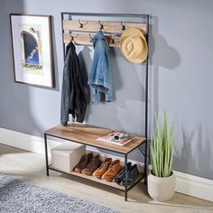 a coat rack with shoes and hats hanging on it next to a potted plant