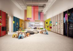 the children's playroom is decorated in bright colors