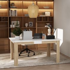 a desk with a laptop on it in front of a bookshelf filled with shelves