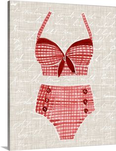 a red and white checkered bathing suit with buttons on the bottom, in front of a beige background