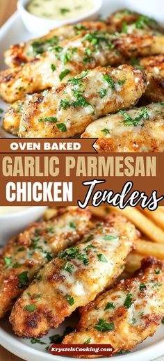 grilled chicken tenders with garlic parmesan sauce and french fries on the side