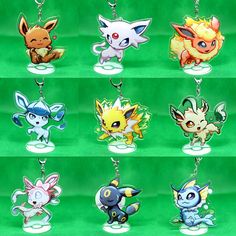 the pokemon keychains are all different colors and sizes, but one is not