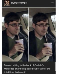 a man drinking from a cup while sitting in a car