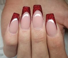 Maroon Glitter French Tip Nails, Red Glitter Nails Coffin, Dark Red Glitter French Tip Nails, Red Glitter French Tip Nails Coffin, Red Nail Designs Glitter, Red Glitter Nails French Tip, Holiday French Tip Nails Square, Red Chrome French Tip Nails Square, Glitter Red Tip Nails