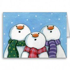 three snowmen wearing scarves and scarfs are standing in front of a blue background