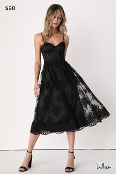 Achieve the picture-perfect romantic look with the Lulus My Darling Daydreamer Black Lace Bustier Midi Dress! A sheer mesh overlay is adorned with intricate floral embroidery (atop a satiny woven liner) as it forms adjustable straps, a sweetheart neckline, and a bustier bodice with padded, underwire cups. The set-in waist boasts strips of hidden boning before flowing into an A-line midi skirt with scalloped trim. Hidden back zipper/clasp. Fit: This garment runs small - please size up. Length: Kn Black Lace Bustier, Bustier Midi Dress, Lulu Fashion, Embroidered Midi Dress, Semi Formal Dresses, Lace Bustier, My Darling, Bustier Dress, Romantic Look