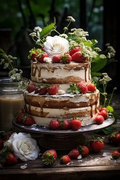 a three layer cake with strawberries and flowers on top