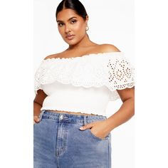 Step into sophisticated style with the Jayde Top, highlighted by its elasticated off-shoulder neckline and intricate embroidered ruffle overlay. Crafted from soft cotton with a fitted silhouette and cropped cut, it's ideal for adding a touch of glamour to any casual ensemble. Bold and fiercely fashionable, no one does plus size fashion like City Chic. Loved around the globe for its diverse range of fashion-forward styles for any occasion. From show-stopping evening gowns to workwear and casualwe Feminine Fitted Off-shoulder Smocked Top, Elegant Off-shoulder Top With Smocked Bodice, Fitted Off-shoulder Smocked Top, White Fitted Off-shoulder Smocked Top, White Off-shoulder Smocked Top For Spring, Ivory Tops, Figure Size, Fitted Silhouette, Floral Chiffon