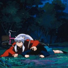 an anime character laying in the grass with his head on another person's back