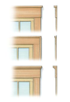 four different types of window frames with wood trimmings on each side and the other side