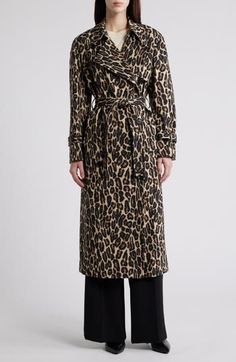 A fierce print elevates a classically tailored coat cut from a warming wool blend. Double-breasted button closure Notched lapels Belted cuffs Front welt pockets Gun flap Storm flap Removable belt 98% virgin wool, 2% elastane Dry clean Imported Winter Coat Trends, Collarless Coat, Knee Length Coat, Leopard Print Coat, Coat Trends, Tailored Coat, Wool Turtleneck, Print Coat, Print Trends