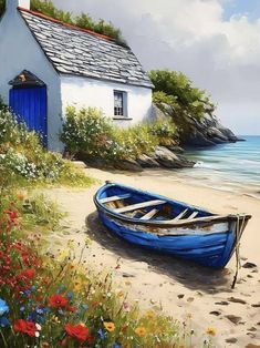 a painting of a boat on the sand near a house and water with wildflowers