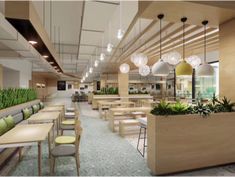 the interior of a restaurant with tables, chairs and planters on the wall above them