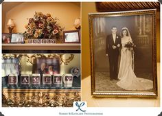 an old photo of a bride and groom in front of a mantle with family pictures on it