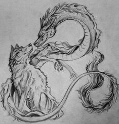 Wolf Back Piece Tattoo, Wolf Dragon Art, Wolf Tattoo Aesthetic, Wolf And Dragon Tattoo, Wolf Dragon Tattoo, Wolf Tattoo Design Sketches, Wolf Art Tattoo, Dragon Sketch Tattoo, Dark Wolf Tattoo