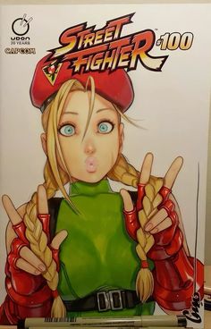 a drawing of a girl with red gloves and green shirt holding two fingers up in front of her face