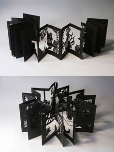 two different views of the same black and white paper cut sculpture, each with its own shadow