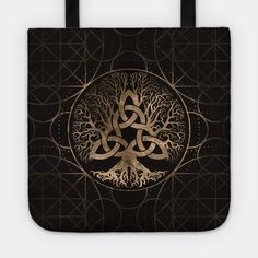 the tree of life is depicted in an intricate design on a black and gold background