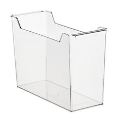 a clear plastic box with a metal handle on the front and bottom, for storage