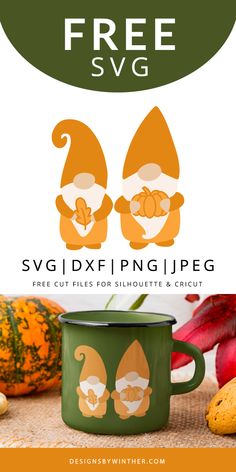 two gnome mugs with the text free svg files for silhouette and cricut