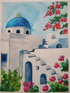 a painting of a building with blue dome and flowers