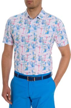 A plethora of cocktails builds anticipation for the 19th hole in this stretchy, trim-fitting polo. Button half placket Spread collar Short sleeves Moisture-wicking fabric engineered for dryness and comfort 92% polyester, 8% spandex Machine wash, line dry Imported Short Sleeve Polo Shirt For Summer Golf, Summer Short Sleeve Polo Shirt For Golf, Summer Golf Polo Collar Top, Summer Golf Polo Top, Spring Golf Polo Shirt With Short Sleeves, Spring Short Sleeve Golf Polo Shirt, 4-way Stretch Short Sleeve Polo Shirt For Summer, Collared Golf Tops For Summer, Collared Tops With 4-way Stretch For Golf