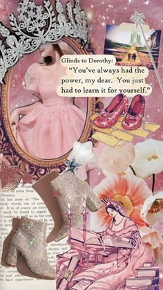 a collage with an image of a woman's shoes, flowers and a tiara