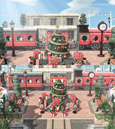 an animated christmas tree is in front of a train