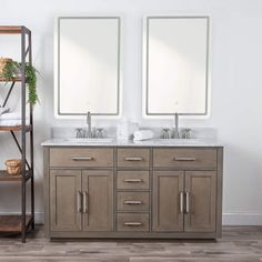 a bathroom with double sinks and two mirrors on the wall next to a shelving unit