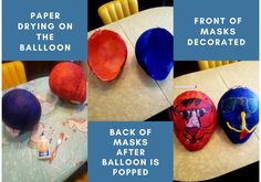 four different types of masks sitting on top of a table with the words paper drying on the balloons