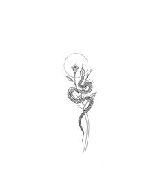 a black and white drawing of a snake on a branch with a moon in the background