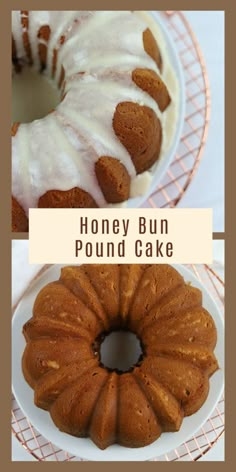 a bundt cake with white icing sitting on a plate next to another bund cake