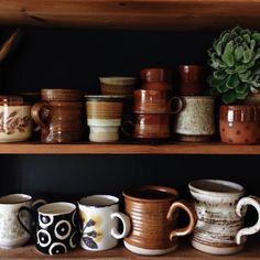 a shelf filled with lots of different types of coffee mugs