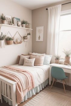 a bedroom with a bed, desk and shelves filled with potted plants on the wall