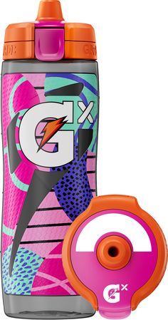 a pink and orange water bottle next to an orange plastic cup with the word g on it